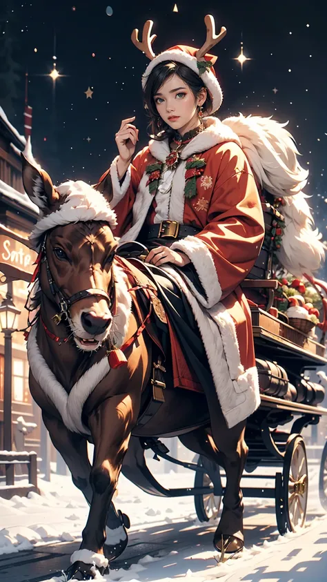 24 year old Caucasian female、santa outfit、Ride on a sleigh pulled by reindeer、smile