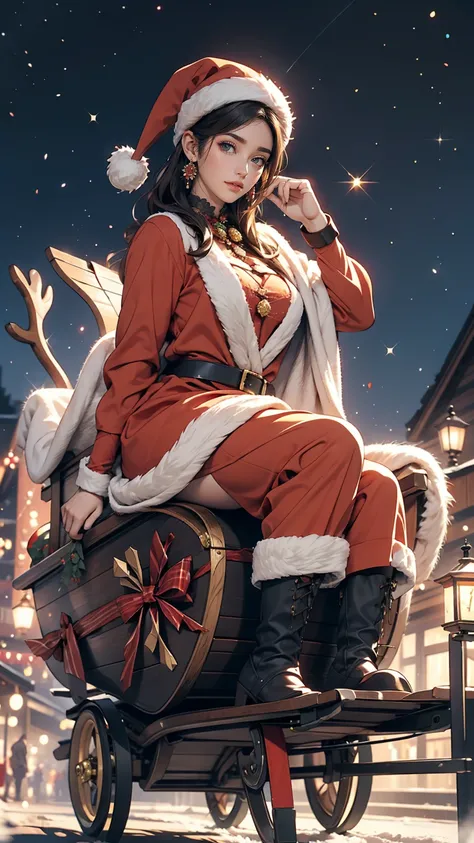 24 year old Caucasian female、santa outfit、Ride on a sleigh pulled by reindeer、smile