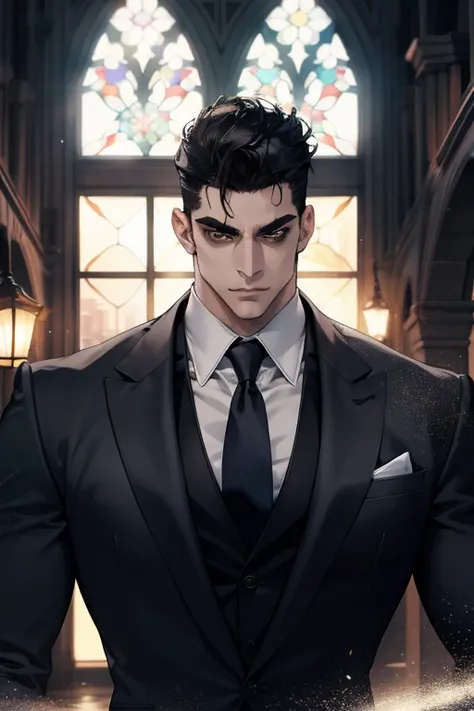 (absurdres, highres, ultra detailed), (1 male, solo, adult, mature:1.4, aged up:1.4, old age, tall muscular guy, broad shoulders, handsome), very short hair, black hair, pomade, brown eyes, (angular jaw:1.4, thick neck:1.4, thick eyebrows:1.4), BREAK, nigh...