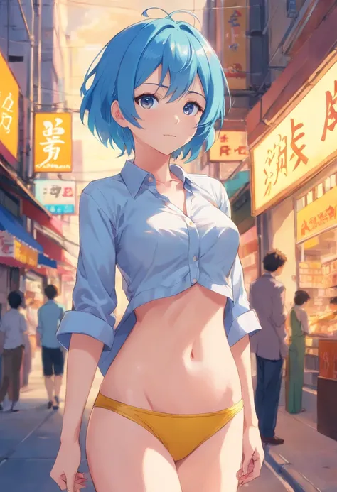 (Picture of beautiful anime girl) Thin shirt, girl with blue hair, big breasts, about middle size, not too big and not very small. pretty woman with cute face blue-yellow eyes Wearing blue underwear with yellow stripes, no underwear. Husband is white. Stan...