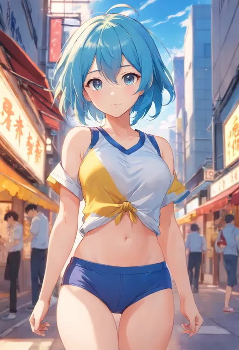 (Picture of beautiful anime girl) Thin shirt, girl with blue hair, big breasts, about middle size, not too big and not very small. pretty woman with cute face blue-yellow eyes Wearing blue underwear with yellow stripes, no underwear. Husband is white. Stan...