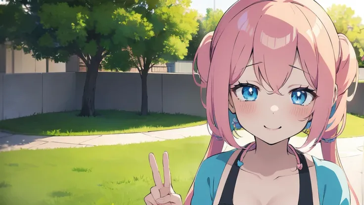 anime girl with pink hair and blue eyes making a peace sign, (1 girl) anime moe artstyle, pink twintail hair and cyan eyes, 2d anime style, shirabii, with index finger, cute anime face, twintails, anime vibes, soft anime illustration, an anime girl, in an ...