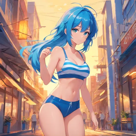 (Picture of beautiful anime girl) Busty shirt, girl with blue hair, big breasts, about middle size, not too big and not very small. pretty woman with cute face blue-yellow eyes Wearing blue underwear with yellow stripes, white legs, full body standing, bea...