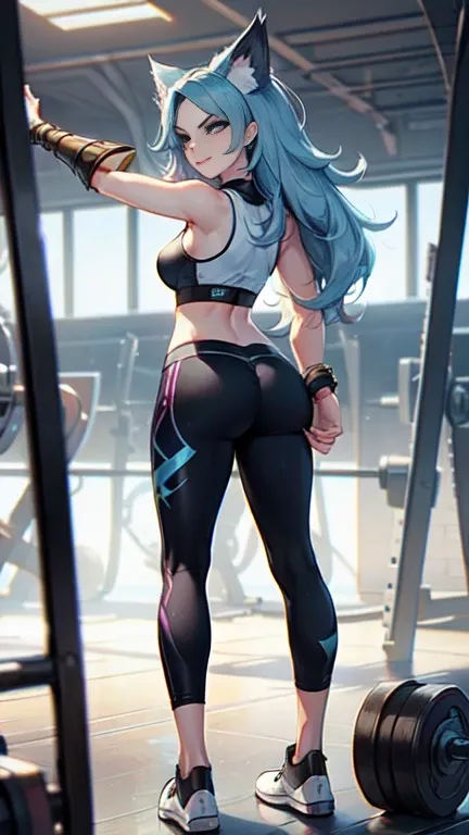 Masterpiece, 8k, art style by sciamano240, very detailed face, detailed clothes, detailed fabric, 1girl, ( Death sworn Katarina (league of legends 1.1)) beautiful face, asymmetrical long hair, light blue hair, exposed navel, sports bra, white sneakers, ver...