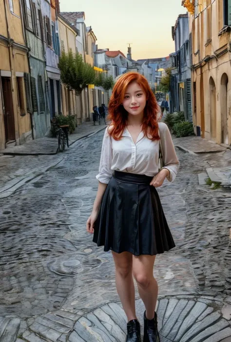 1 girl, ((Standing in front of In Van Goghs Footsteps)), ((In Van Goghs Footsteps)) , frente, ((black eyes)), (((perfect eye))), (((redhead))), beautiful black skirt, in a stunning setting, ((In Van Goghs Footsteps in background)), beautiful city, fim de t...