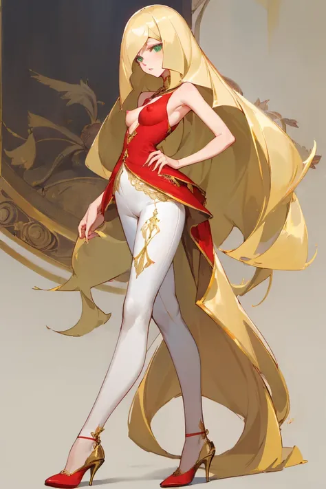 ((highest quality)), ((masterpiece)), (Familiar), Lusamine,nsfw,thin,Long Blonde Hair,Small breasts,Small breasts,Erect nipples,Adult female,Green Eyes,Slanted Eyes,Sleeveless dress,Gorgeous red dress,Gold embroidery,High heels,Fascinating,White pants
