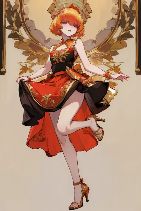 ((highest quality)), ((masterpiece)), (be familiar with),Clementine,Overload,nsfw,Sleeveless dress,Gold embroidery,High heels,Fascinating,Long skirt