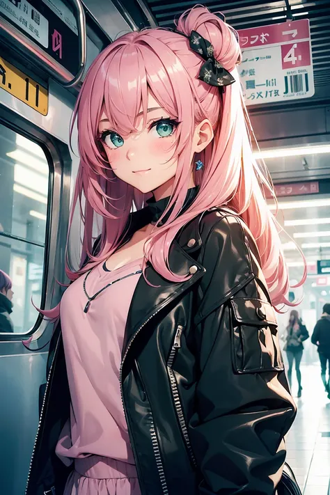 ((1 girl)), in the train, Chatting, smile, blush, Latest Fashion Trends, Street fashion,Jacket, Open chest,Cool look, Fashionable skirts,Relaxed pose,Cowboy Shot,((Very detailed,highest quality, High resolution, 8k wallpaper, Beautiful clothes,)),((Pink Ha...