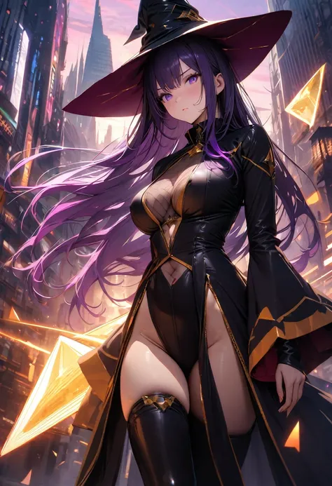 masterpiece, Anatomically correct, Super Detail, high quality, best quality, 8K, 16K, High Detail, Medium shot, Necromancer, wearing wizard hat, Tight combat uniform, Purple Hair, Purple Eyes, long hair, Gradient hair, Particle Lighting, Laser beam, Futuri...