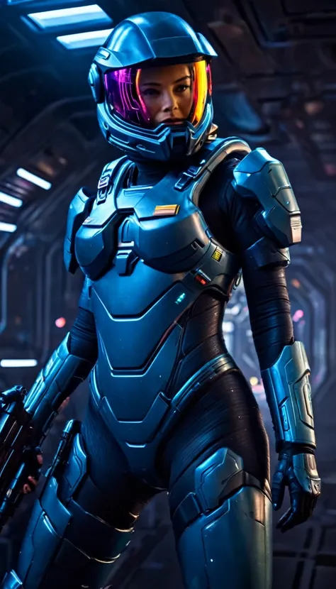 sci-fi, cosmos, space, full body shot of female space soldier, tight combat suit, futuristic space warrior, laser gun, detailed space environment, cinematic lighting, dramatic composition, vibrant colors, photorealistic, masterpiece, hyper-detailed, 8k, ci...