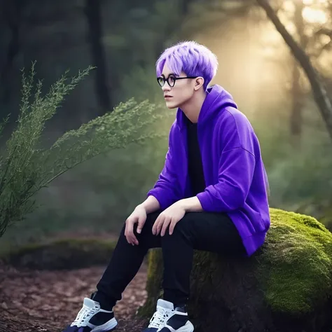 man with lavender hair, purple eyes, blue hoodie, black pant, eyeglasses, forest, deep forest, castle, fantasy, night