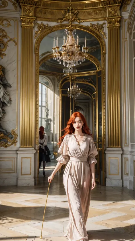 8k, highest quality, live camera, best quality, 1 girl, ((sitting on the luxury chair in palace of versailles:1)), ((palace of v...