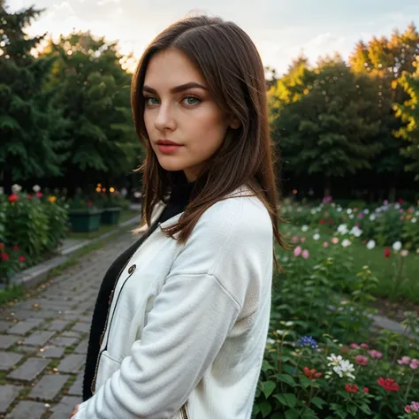 Russian female, at flower garden, russian photo, natural lights and shadows, expressed detailed face, HD, FULL HD, RTX QUALITY, attractive, jacket and sweater