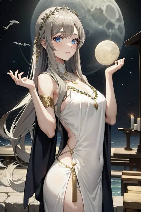 Greek Goddess、beautiful girl、Moon Goddess、Silver Long Hair、Luna