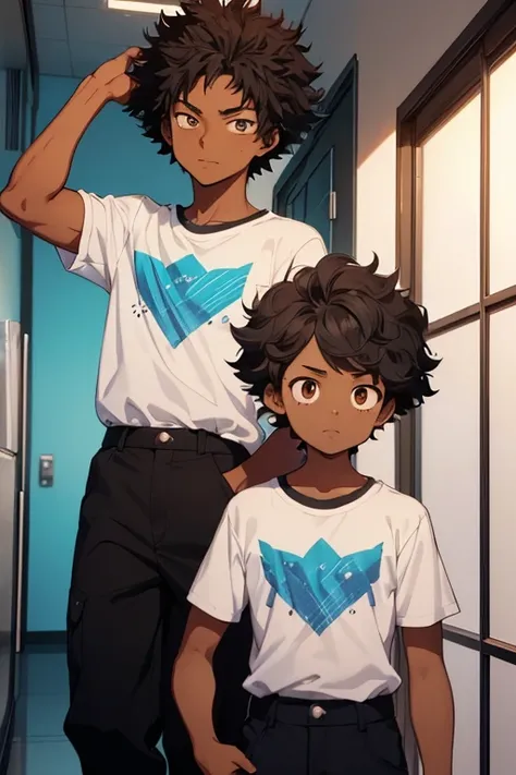 /(Boy),(Dark skin color ),(anime style of my hero academia),(brown eyes),(height 1.80),(16 year old teenager),(short curly black hair),(average physical height of a 16 year old teenager),(vestindo),+,(um short de cor vermelha masculina e uma  blusa azul ma...