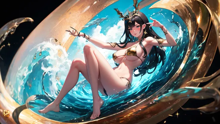 ((best quality)), ((masterpiece)), (detailed), 完美Body，Best body shape，best quality, masterpiece, High resolution, 1 Girl,blush,(Charming smile:0.8),Star-shaped pupil,Bikini,Hair accessories,,Pretty Face,Above_Body, ，Full breasts，，Golden ratio figure，Tyndal...