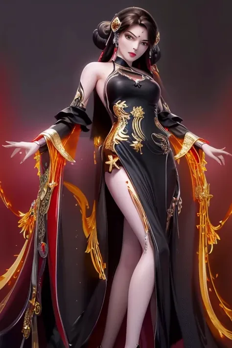 "Very beautiful girl from the abyss, girl of magical beauty, ((in a black dress with gold trim:1.8)), black dress, Body-hugging, costumes in historical style, sexy ancient style, jet black curly hair, the most beautiful and detailed hair decorations, jewel...