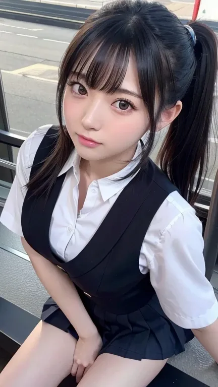 8K、Detailed Description、Very high definition、Realistic、reality的、Real、live-action、reality、High resolution、Nogizaka46、japanese idol,beautiful girl、21 years old、Top view、Mouth closed、ponytail、Knee-up-top angle of view、Railway stations、school uniform、Checkered...