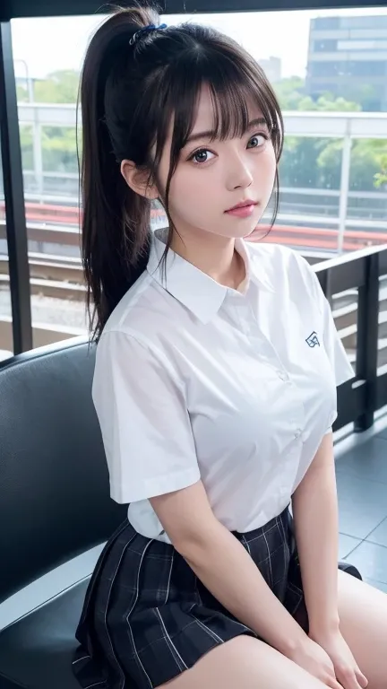 8K、Detailed Description、Very high definition、Realistic、reality的、Real、live-action、reality、High resolution、Nogizaka46、japanese idol,beautiful girl、21 years old、Top view、Mouth closed、ponytail、Knee-up-top angle of view、Railway stations、school uniform、Short sle...