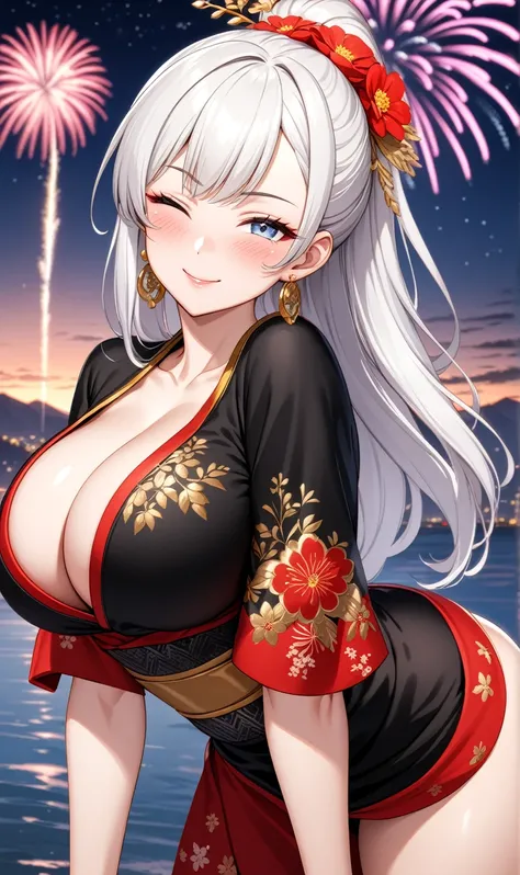 ((one personの女性)), Beautiful Face,Expressions of embarrassment and kindness,Laugh shyly,((Wink:2.0)),turn bright red,Glossy pink lips,night,Fireworks mountain((Anime style background)),masterpiece, highest quality, so beautiful, up to date, Complex details...