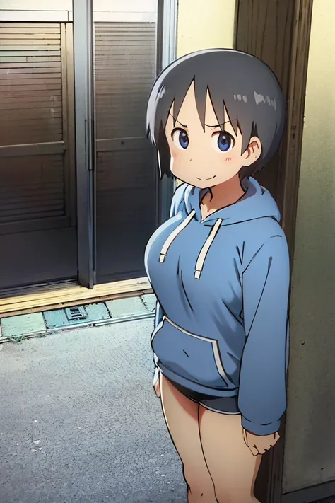 Kyoto animation, female, short hair, middle parted hairstyle, black hair, dark blue eye, cute face, thick eyebrows, big breast, sexy butt, slim body, sexy thigs, dark blue and white hoodie, short pants above thigs, brave smile, 90s style, 