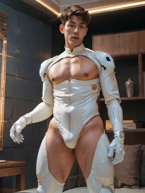 (masutepiece,High resolution,ultra - detailed:1.0),1(Boy,Robot Boy),Perfect male body,Look at the camera,Delicate eyes and delicate face,extremely details CG,Unity 8k wallpaper,intricate-detail,solo person,Detailed face, (Futuristic skin-perfect sexy white...