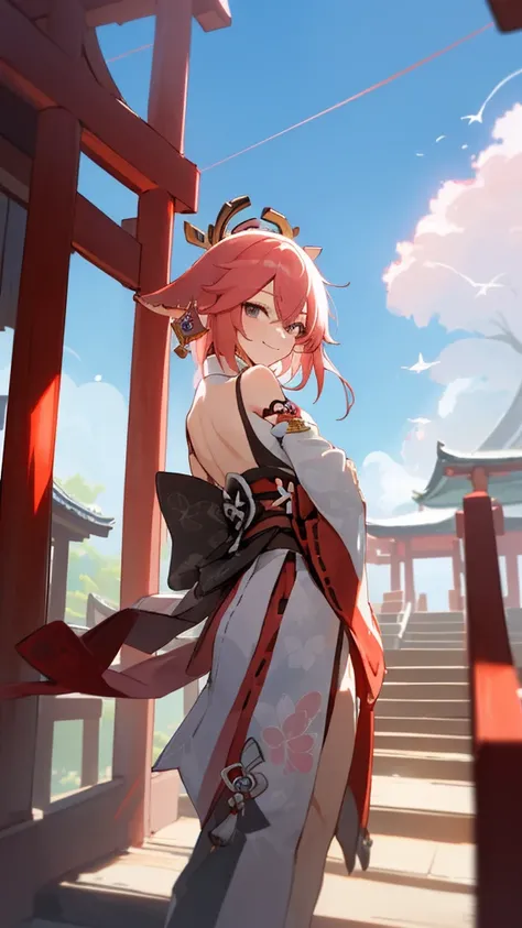 yaemikodef, The upper part of the body, smile, Be red in the face, exteriors, In the daytime, simple backgound, blue-sky, short detailed hair, Skysky, temple, looking at viewert, stairways, mont, moody light, face to the viewer, ultraclear