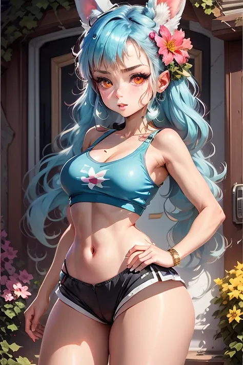 light_blue_hair,1_girl,red_eyes,cute_face,good_anatomy,best_quality,beautiful,rabit_ear,rabit_tail,tanktop,short_hotpants,Navel_exposed,brown_boots,perfect_quality,beautiful,flower garden,beautiful,best quality,hrs,