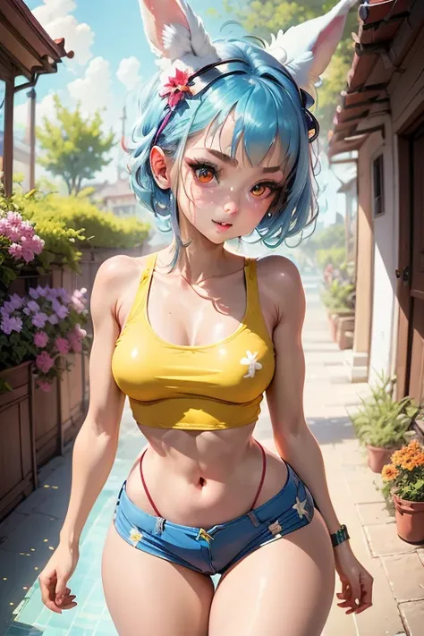 light_blue_hair,1_girl,red_eyes,cute_face,good_anatomy,best_quality,beautiful,rabit_ear,rabit_tail,tanktop,short_hotpants,Navel_exposed,brown_boots,perfect_quality,beautiful,flower garden,beautiful,best quality,hrs,