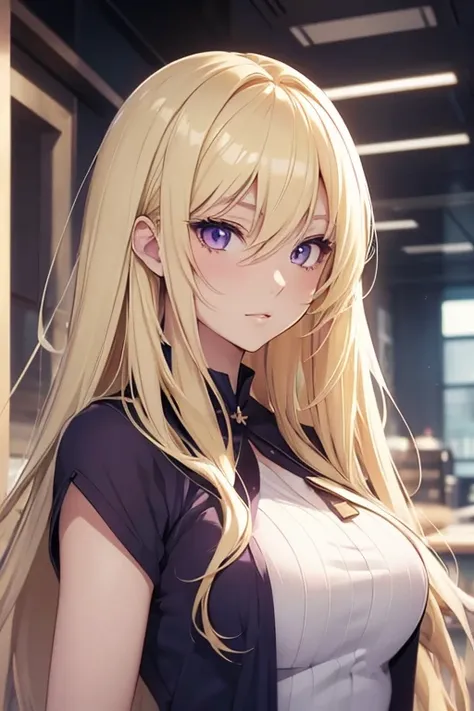 (Blonde girl), (anime1), (pretty 22 year old), white skin color, long blonde hair, and purple eyes, (delicious)