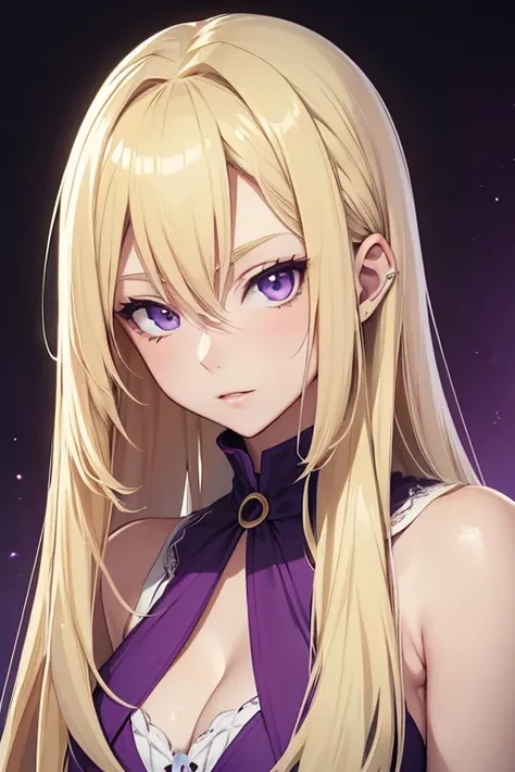 (Blonde girl), (anime1), (pretty 22 year old), white skin color, long blonde hair, and purple eyes, (delicious)