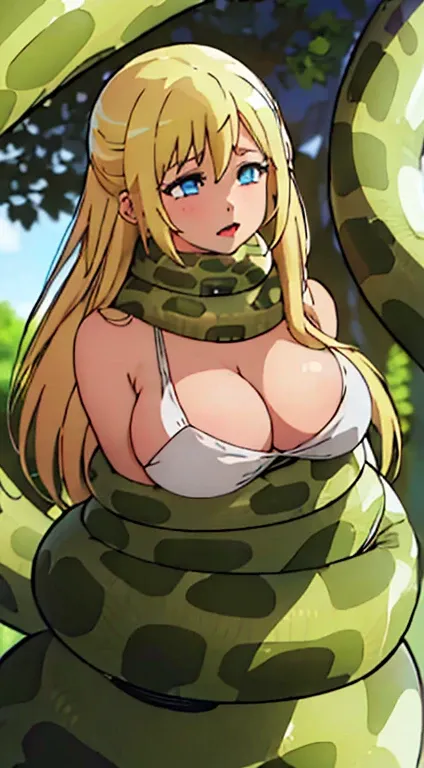 masterpiece, best quality, illustration, highly detailed, Enome, length hair, blonde hair, floating hair, large breasts, beautiful detailed eyes, cleavage, snake, (coiled), restrained, scared face 