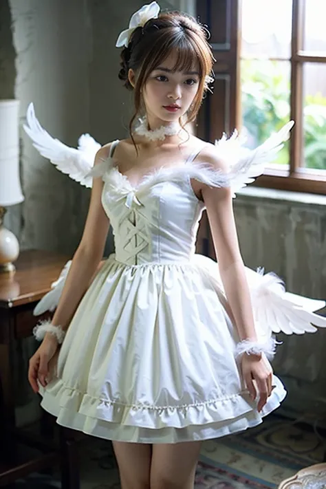 A doll in a white dress with wings、Marble sculpture by Puru、Deviantart Contest Winner、Gothic アート、Made of feathers、Gothic、Like a marble sculpture