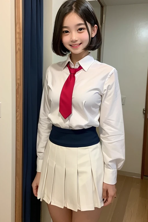 (One girl), 12 years old、Cute Face, Short Bob Cut、(uniform、Red tie、Pure white blouse、Knee-length navy blue pleated skirt:1.3)、Small breasts、 I laugh because I&#39;m happy、Focus on the girl、Cowboy Shot、、highest quality, Realistic, RAW Photos, Professional p...