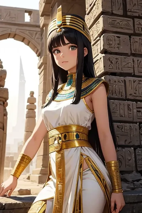 Ancient egypt traits girl, 20 years old, ancient egypt dress, ancient egypt city background