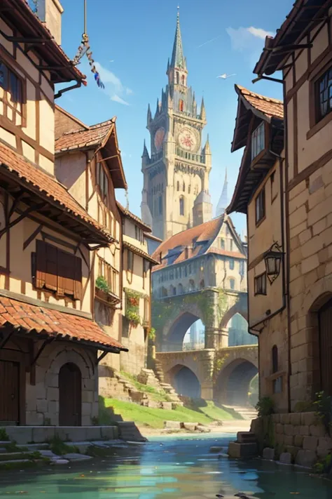 Fantasy medieval city, full of towers, crossed by a river, large market square