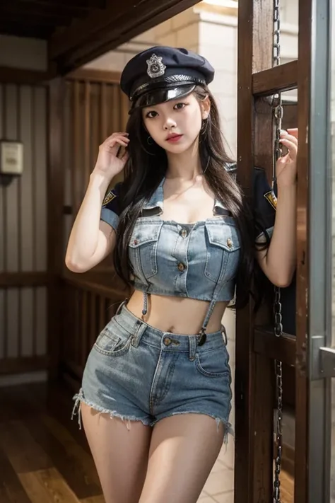 highest image quality，outstanding details，one korean girl，female prison guard，she wears a sexy police uniform，suspenders，lace，in...