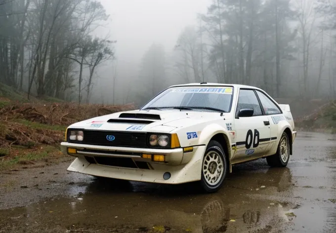 group b 1983 toyota celiac , foggy morning、mountain stream、