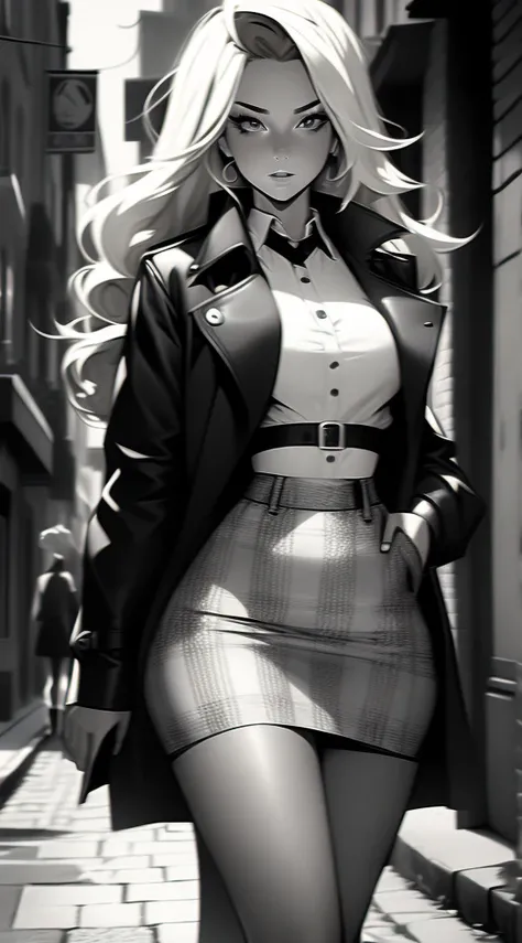 20 year old female detective, blonde hair, masterpiece, detailed, toned body, Noir et blanc, monochrome, femme fatale, black top, plaid skirt, long trench coat, walking down a street 