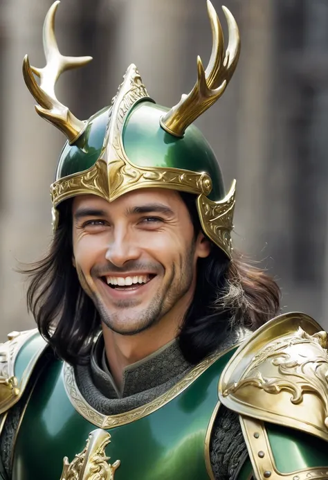 A powerful man, 30 years, tall, lean and lithe, handsome clean-shaven face, easy smile, thick black hair that falls to his shoulders, laughing green eyes, wears enameled green armor, in his hand he holds a medieval helmet adorned with a pair of golden antl...