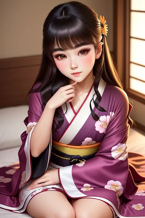 Lying on bed. Aggressive kissing kiss on bed use kimono, staring intently to eyes. No one look at front. Hand on the face. 
20-year-old boy and 18-year-old girl and.  Detailed face, Detailed eyes, double eyelid, cute, sunny, warm vibes, Handsome-cool-warm-...