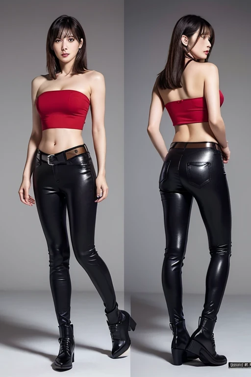 Best Quality, 8k, 32k, Masterpiece, UHD: 1.3, Attractive Ada Wong in Resident Evil Remake Girl Pictures, One Girl, (full body:1.3),Abs, Perfect Body,(red tight strapless tube top:1.1),(black tight legging trousers:1.1),(shoes:1.0),Ultra Detailed Face, Deta...