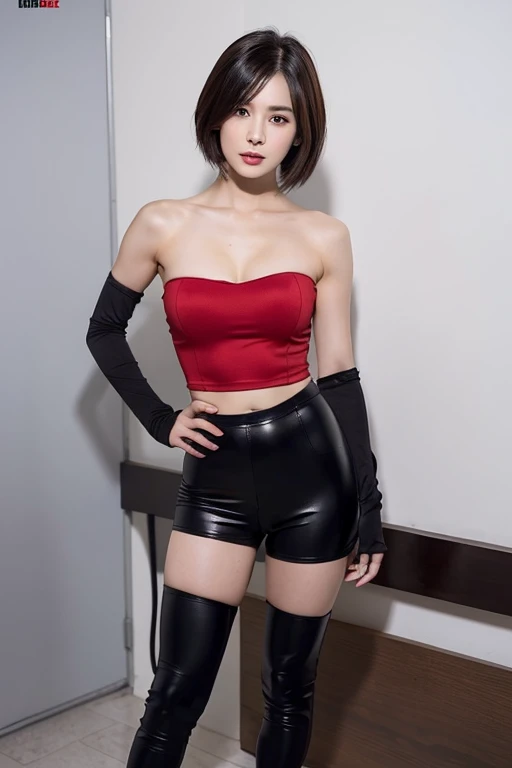 Best Quality, 8k, 32k, Masterpiece, UHD: 1.3, Attractive Ada Wong in Resident Evil Remake Girl Pictures, One Girl, (full body:1.3),Abs, Perfect Body,(red tight strapless tube top:1.1),(black tight very short legging trousers:1.1),(shoes:1.0),Ultra Detailed...