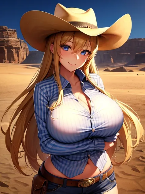 Girl, cowboy hat, cowboy clothes, checkered shirt, smile, blue eyes, blond and straight and long hair, big breasts, standing in wild west town in the dessert, pistol in holster, hands on breasts, huge breasts