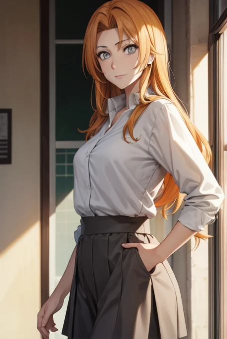 rangikumatsumoto, rangiku matsumoto, long hair, (grey eyes:1.5), orange hair, mole, mole under mouth, parted bangs, smile,
BREAK skirt, shirt, 
BREAK indoors, classroom,
BREAK looking at viewer, (cowboy shot:1.5),
BREAK (masterpiece:1.2), best quality, hig...