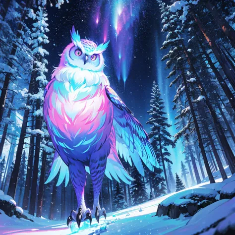 A magical Owl, colorful color, Snow forest in background, Magical Being,