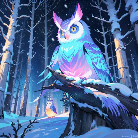 A magical Owl, colorful color, Snow forest in background, Magical Being,