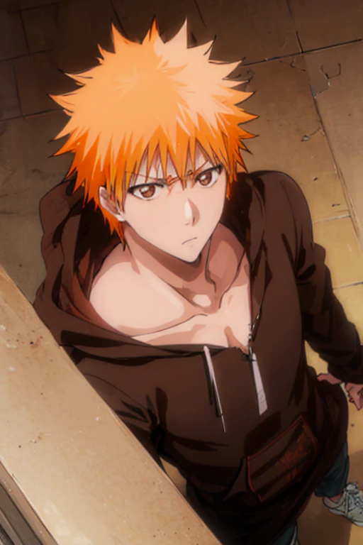 ichigo kurosaki, short hair, orange hair, spiked hair, (brown eyes:1.5), black hoodie