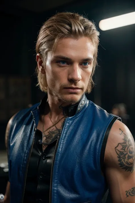 a man with beautiful detailed blue eyes, beautiful detailed blond hair, wearing a motorcycle club leather vest, tattoo of a wolf with a skull, (best quality,4k,8k,highres,masterpiece:1.2),ultra-detailed,(realistic,photorealistic,photo-realistic:1.37),highl...