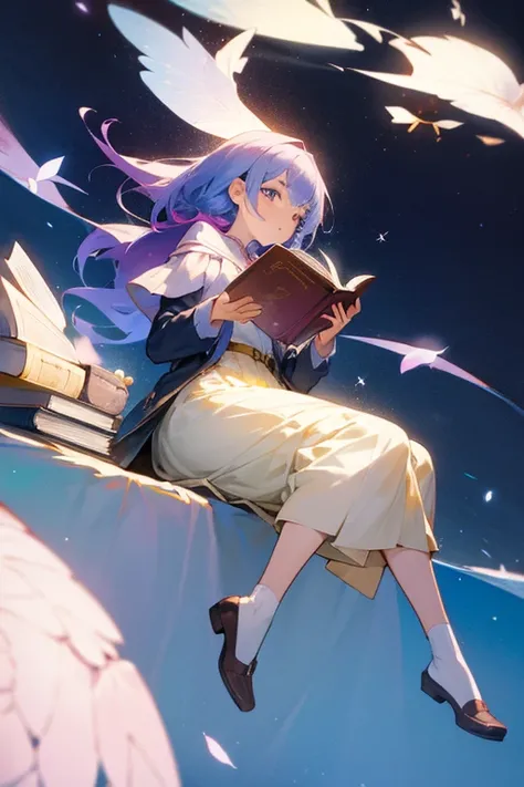 An anime girl carrying a book of various beautiful stories while sitting in a very beautiful and magical place 